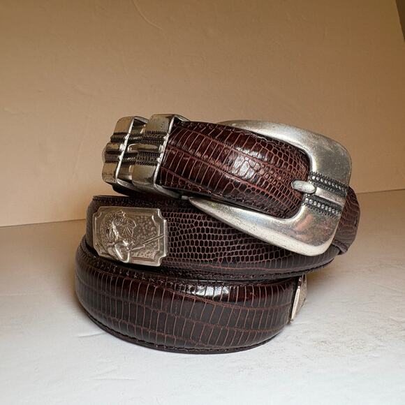 Unknown Accessories - Embossed Alligator Brown Leather Belt w Silver Toned Bass Fishing Emblems 40 L